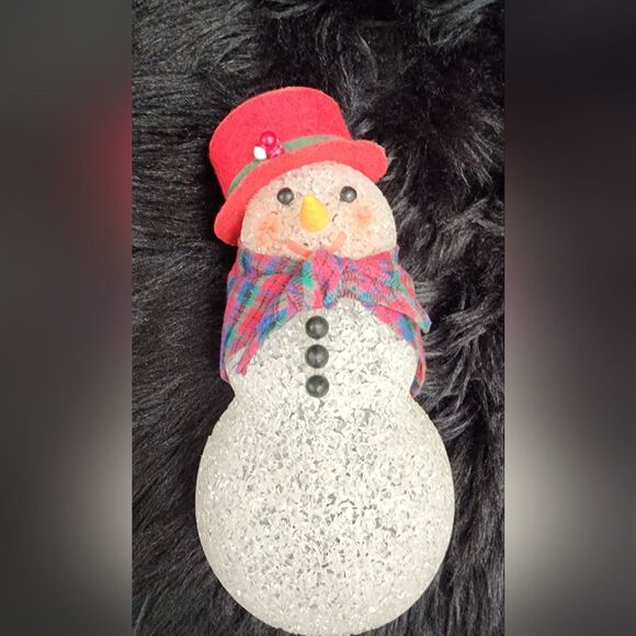 Vintage Christmas Melted Plastic Popcorn Snowman Felt Hat, Fabric Scarf